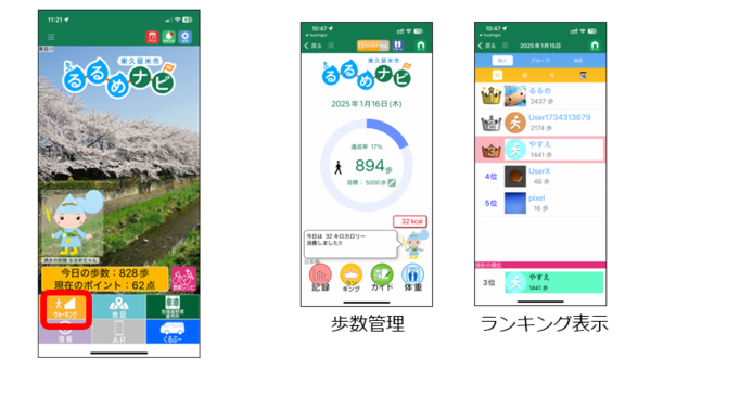 アプリ「ウォーキング記録情報」画面例